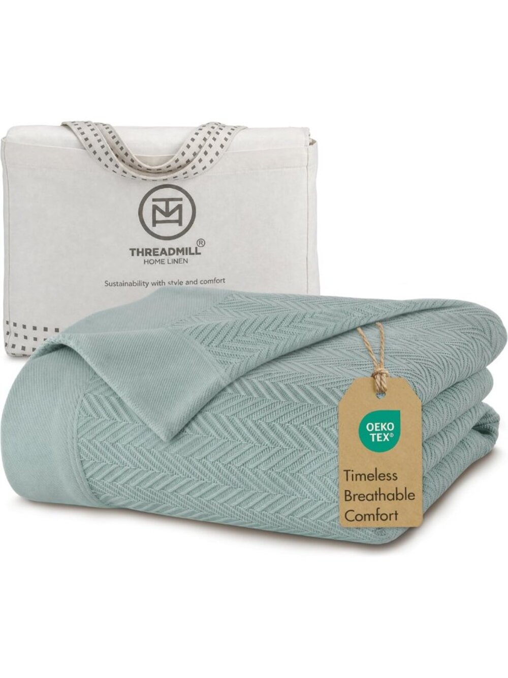Luxury 100% Cotton Twin Herringbone Blanket in Mist Blue - Soft & Cozy Home
